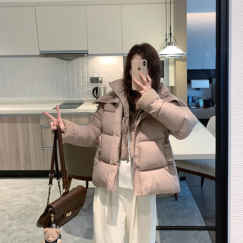 Damen nan kurz gesteppte Taillen-Pufferjacke mit kuscheligem Teddykragen und verstellbarem Schnallenriemen Nord Taschen