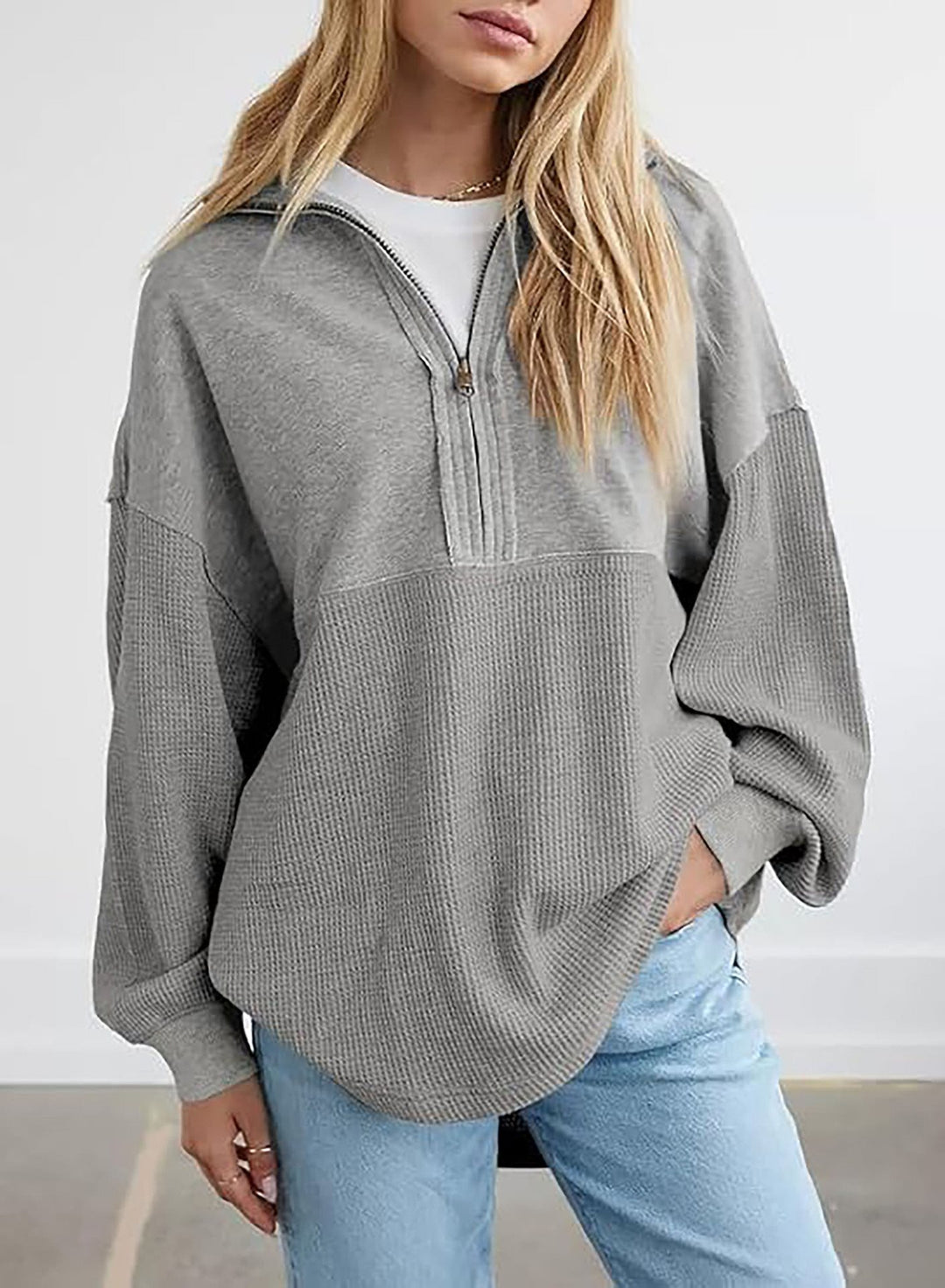 Damen Oversize-Halbzip-Pullover mit Waffelstrick-Einsätzen Nord Taschen