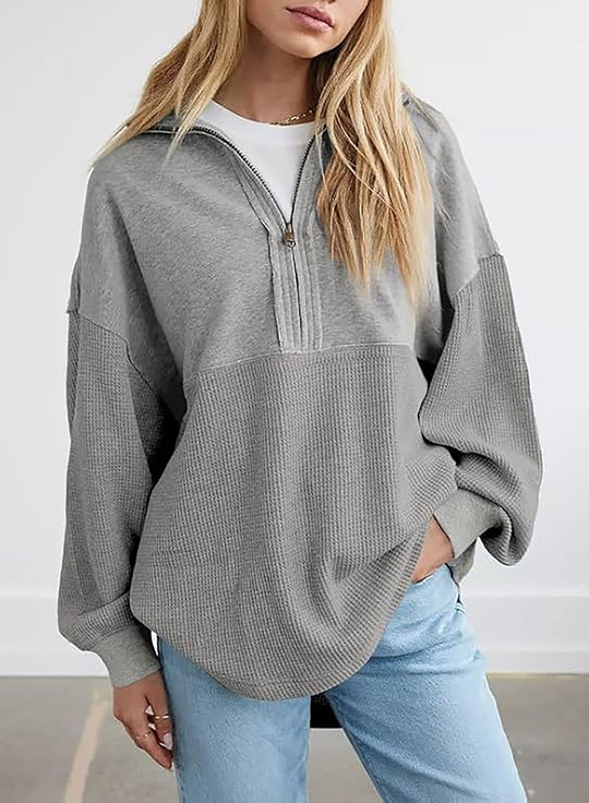 Damen Oversize-Halbzip-Pullover mit Waffelstrick-Einsätzen Nord Taschen