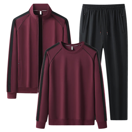 Herren Dreiteiliges Freizeit-Trainingsanzug-Set aus weichem French-Terry mit Reißverschlussjacke, Rundhals-Sweatshirt & Kordel-Jogginghose Nord Taschen