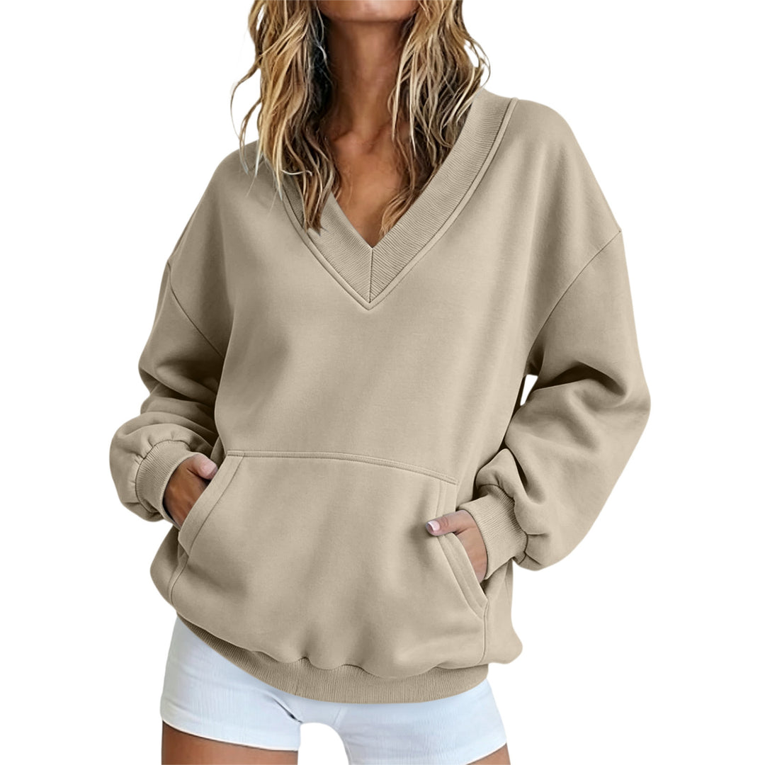 Damen Oversize V-Ausschnitt Sweatshirt mit Kängurutasche und geripptem Saum Nord Taschen