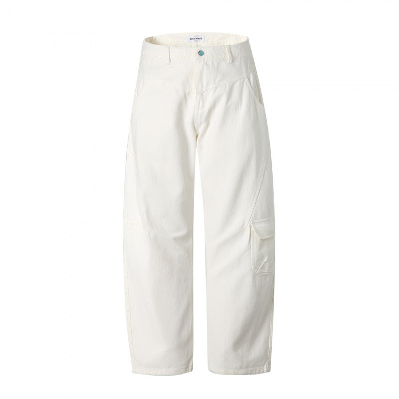 Unisex Weite Utility-Cargo-Hose aus robustem Baumwoll-Denim mit hoher Taille und Klappentaschen Nord Taschen