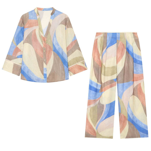 Damen Weite High‑Waist Leinenmix‑Hose mit abstraktem Aquarellprint Nord Taschen