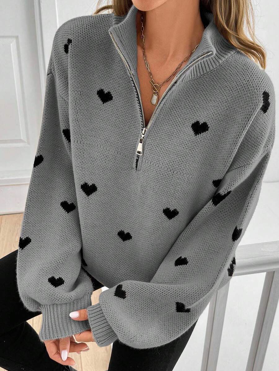Damen Oversize Strickpullover mit Half-Zip und Herzmotiv Nord Taschen