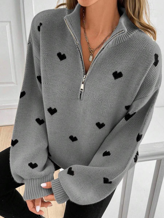 Damen Oversize Strickpullover mit Half-Zip und Herzmotiv Nord Taschen