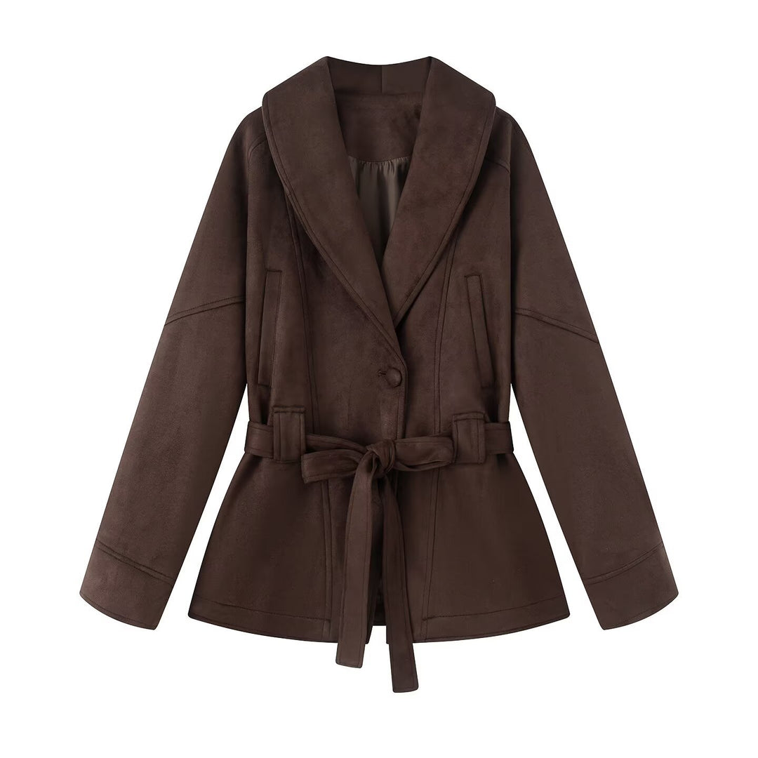Damen 30+ taillierte Kurzjacke mit Schalkragen, Bindegürtel und Kunstvelours Nord Taschen