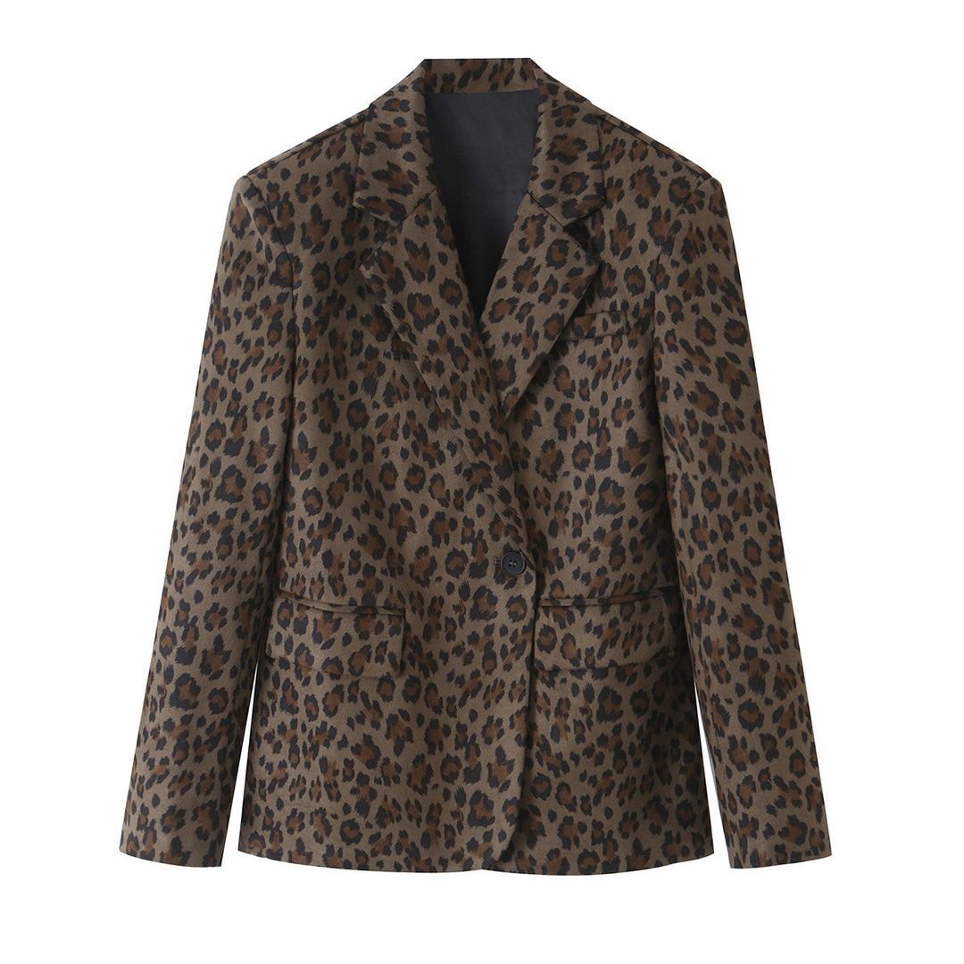 Damen Taillierter Blazer im Leoprint mit Revers und Pattentaschen Nord Taschen