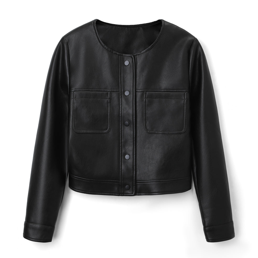 Damen Kurzjacke aus Kunstleder mit Rundhals, Druckknopfverschluss und aufgesetzten Taschen Nord Taschen