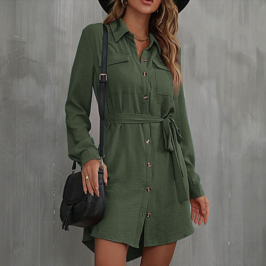 Damen Knielanges Hemdblusenkleid mit Taillengürtel Nord Taschen