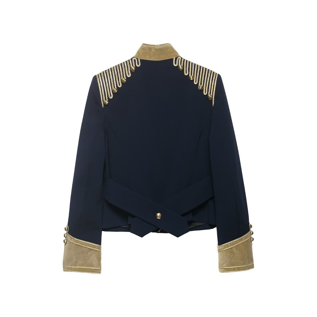 Damen Cropped Militärjacke im Parade‑Look mit goldener Kordelverzierung und Samtmanschetten Nord Taschen