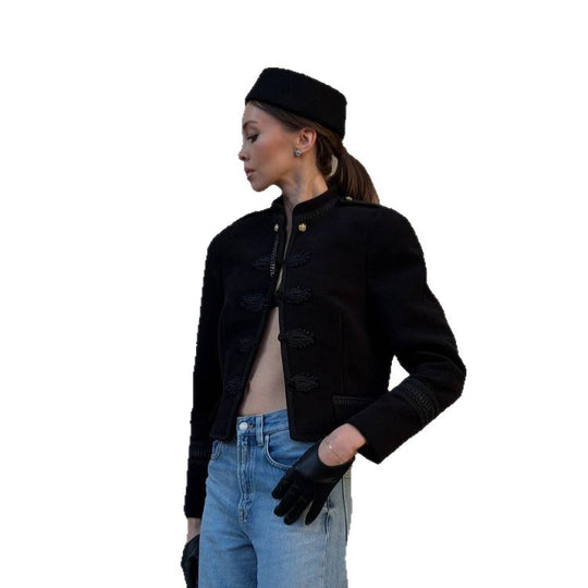 Damen Kurzjacke im Matrosen-Militärstil mit Stehkragen und Kordelverzierung Nord Taschen