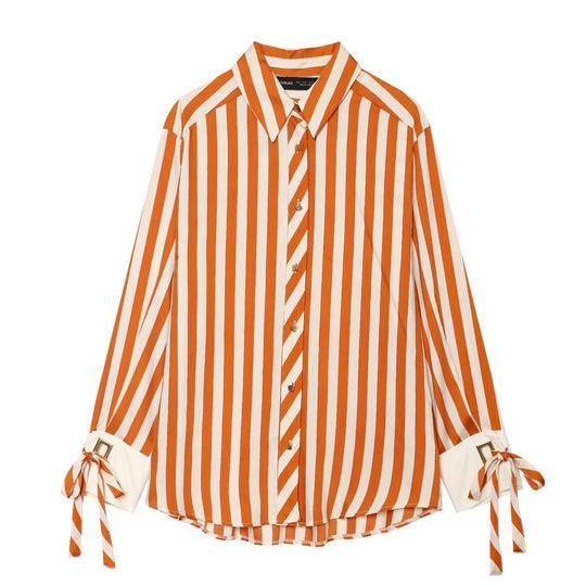 Damen Oversize-Bluse mit Streifen, abgesetzten Manschetten, Schleifendetail und Zierknöpfen Nord Taschen