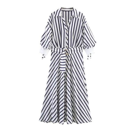 Damen Midi-Hemdblusenkleid mit diagonalen Streifen, tailliertem Bindegürtel und Ballonärmeln Nord Taschen