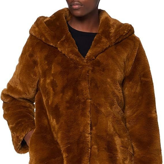 Damen Midilanger Kunstpelzmantel mit Kapuze, Teddy-Finish und verdeckter Knopfleiste Nord Taschen
