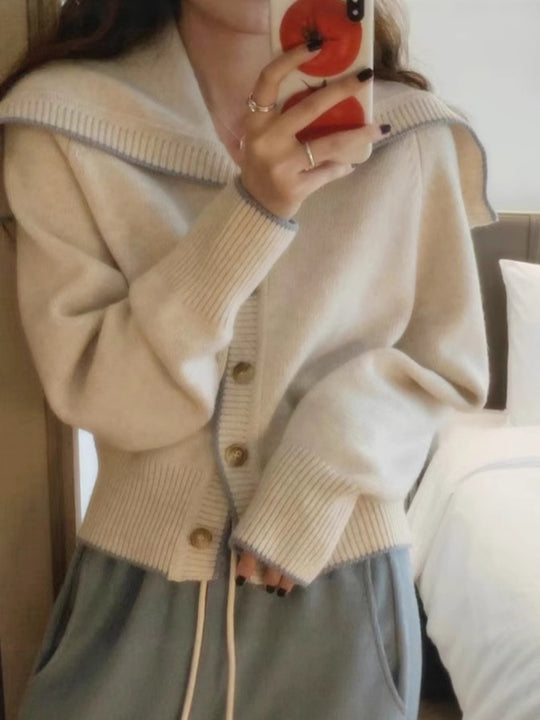 Damen Strickcardigan mit übergroßem Matrosenkragen und kontrastkante Nord Taschen