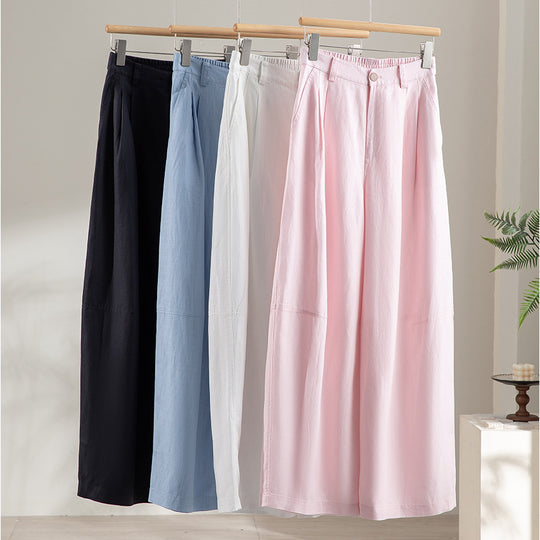 Damen weite Leinenoptik-Hose mit hoher Taille, Bügelfalte und elastischem Rückenteil Nord Taschen