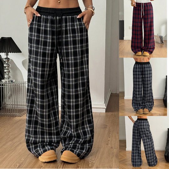 Damen Karierte Relax-Hose mit weitem Bein, Rippbund und Eingrifftaschen Nord Taschen