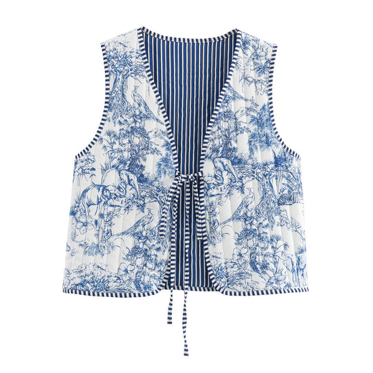 Damen Gesteppte Weste mit Toile‑Print, gestreifter Innenverarbeitung und Kordelbindung Nord Taschen