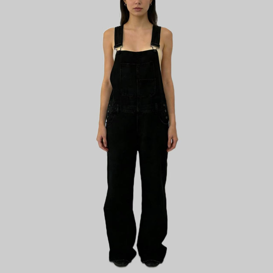 Damen weiche Denim-Latzhose mit weitem Bein, verstellbaren Trägern und Pattentasche Nord Taschen