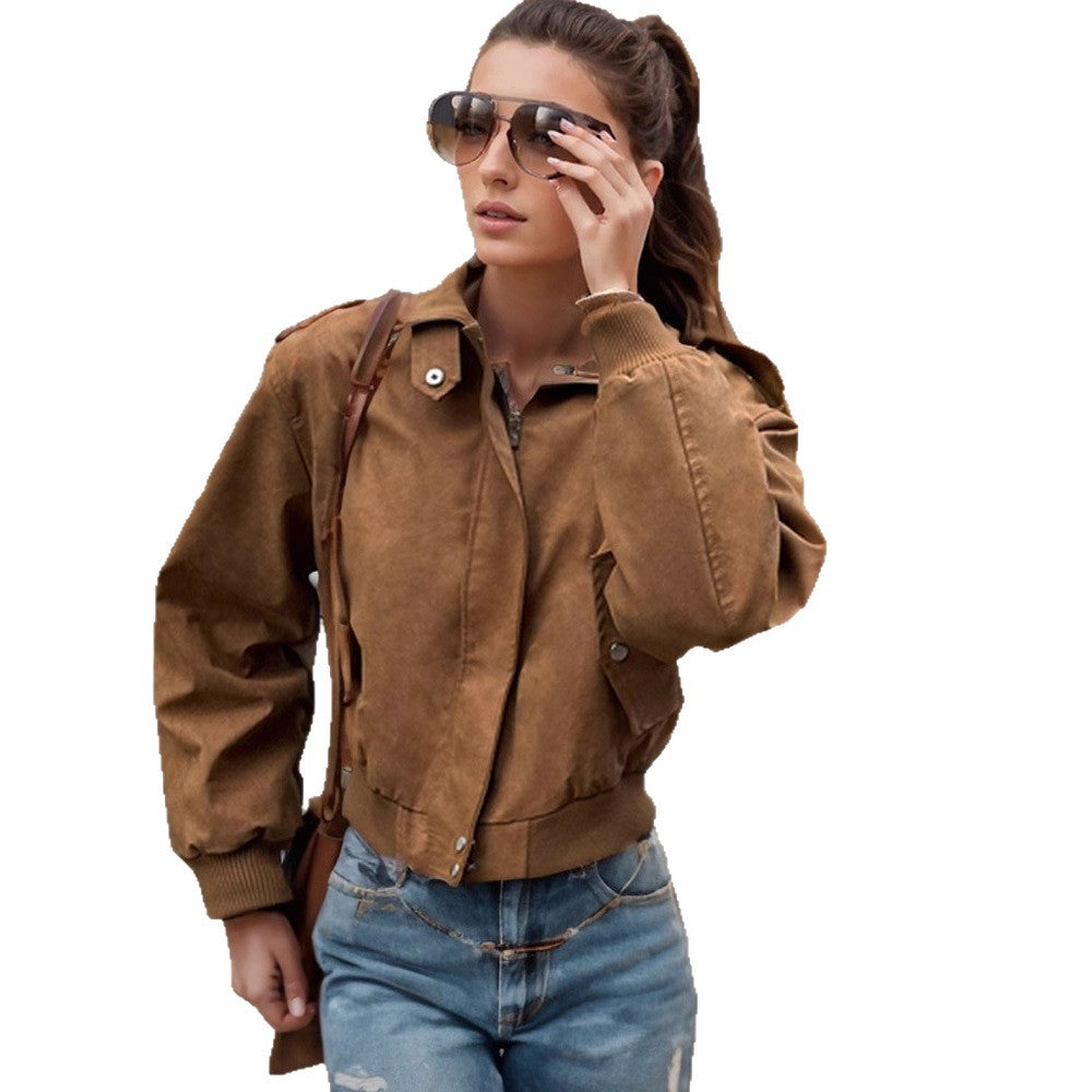 Damen Kurz geschnittene Bomberjacke aus Velourslederoptik mit Rippbündchen Nord Taschen