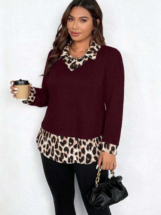 Damen Lagenlook-Pullover mit V-Ausschnitt und Leoprint-Blusen-Einsatz Nord Taschen