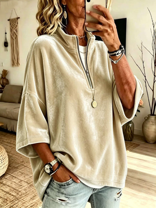 Damen Oversize Samt-Pullover mit kurzem Reißverschluss und Stehkragen Nord Taschen