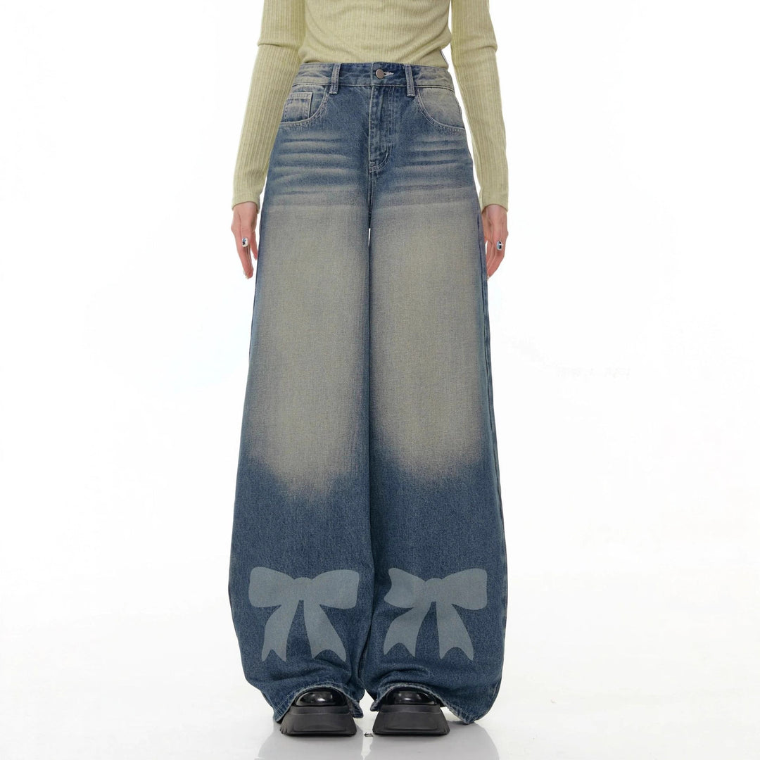 Damen hochtaillierte Palazzohose aus Denim mit extra weitem Bein und Schleifenprint Nord Taschen