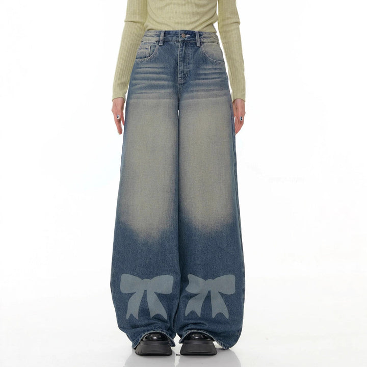 Damen hochtaillierte Palazzohose aus Denim mit extra weitem Bein und Schleifenprint Nord Taschen
