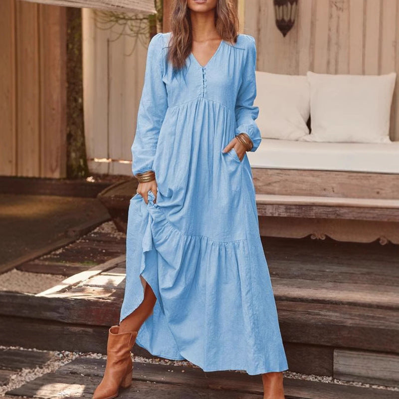 Damen Langes Stufenkleid aus Leinenmix mit V-Ausschnitt und Eingrifftaschen Nord Taschen