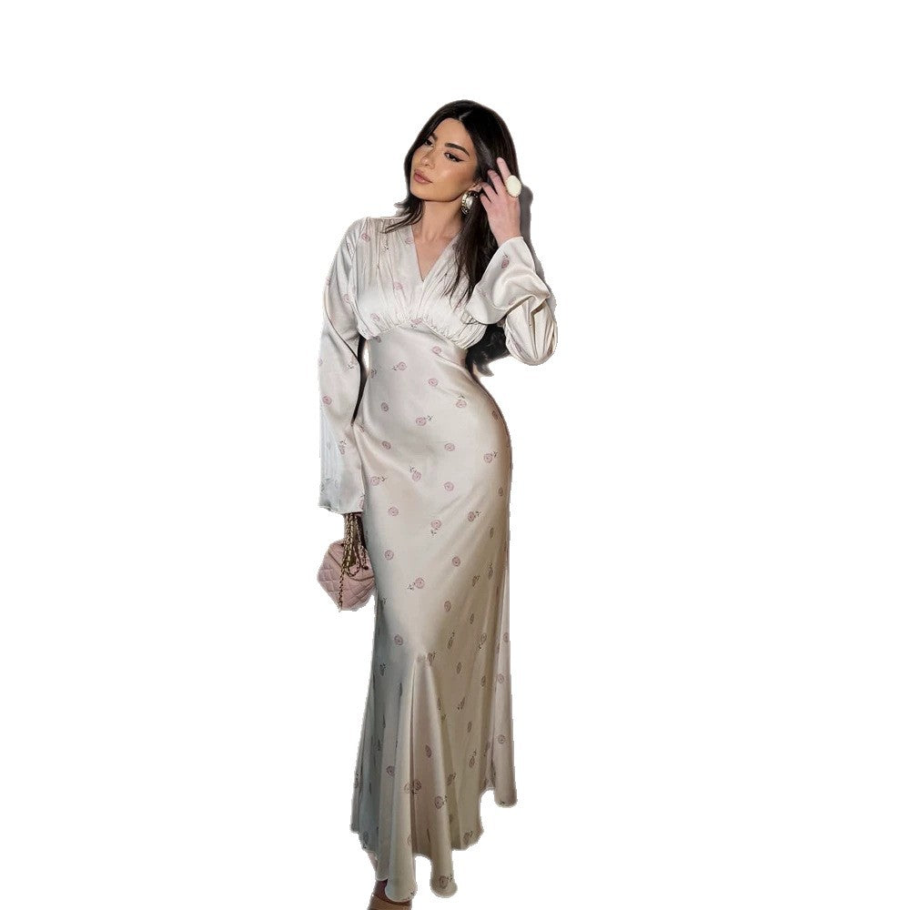 Damen Satinabendkleid mit Empire-Taille, V-Ausschnitt und zartem Blumenprint Nord Taschen