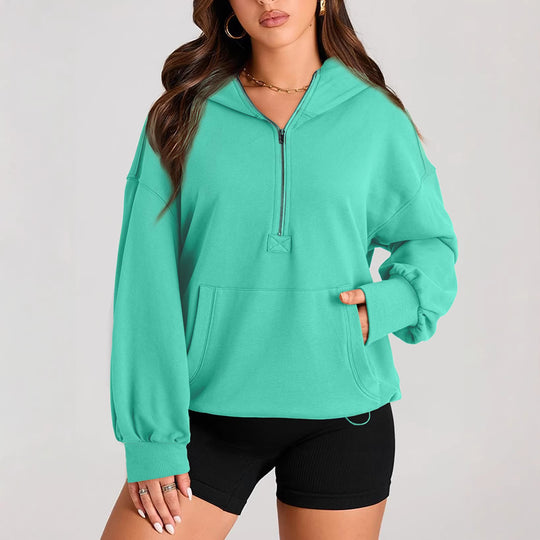 Damen Oversize-Halbreißverschluss-Kapuzenpullover mit Kängurutasche Nord Taschen