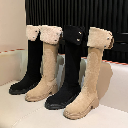 Damen kniehohe Worker‑Stiefel mit umklappbarem Teddy‑Bündchen und sculpted Plateau‑Absatz Nord Taschen
