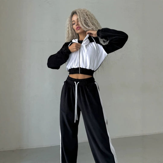 Damen kurz geschnittenes Samt-Trainingsset mit tailliertem Reißverschluss-Hoodie und weit geschnittener hochtaillierter Loungehose Nord Taschen