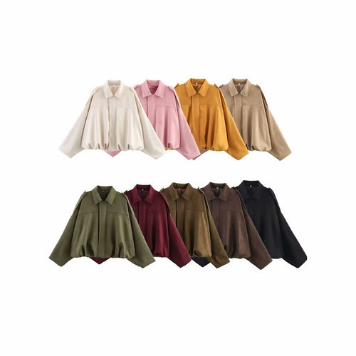 Damen Oversize Cropped Veloursblouson mit Tunnelzug-Bund und Schulterpatten Nord Taschen
