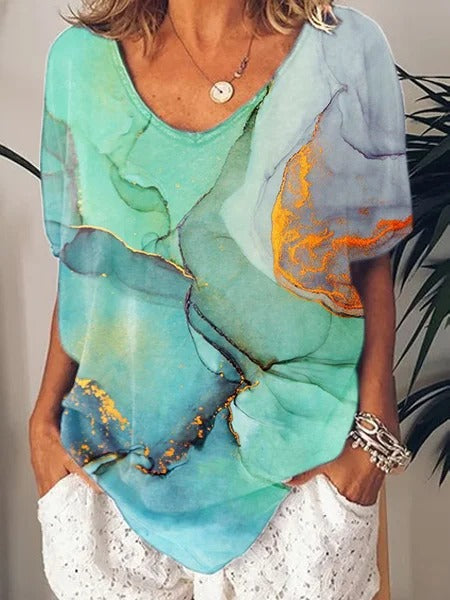 Damen Elegantes V-Ausschnitt T-Shirt mit abstraktem Design