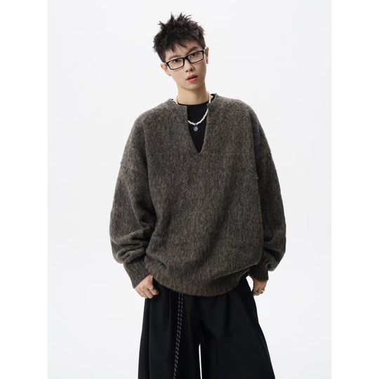 Herren Oversized Grobstrickpullover mit V-Ausschnitt Nord Taschen