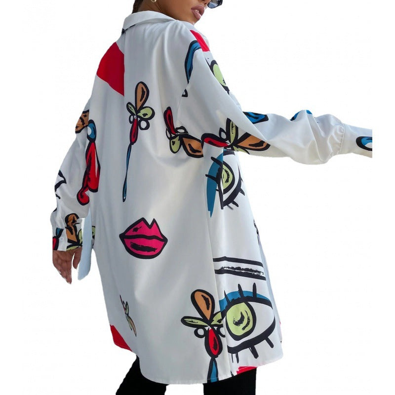 Damen Oversized Longbluse mit Pop‑Art‑Print, Hemdkragen und durchgehender Knopfleiste Nord Taschen