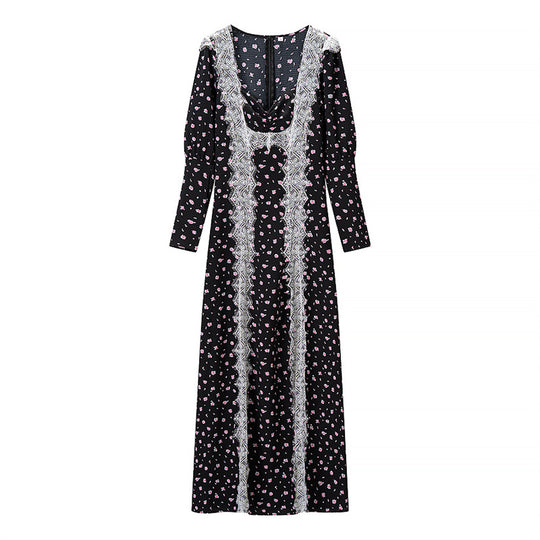 Damen Langärmeliges Maxikleid mit Spitzenborten, tiefem V‑Ausschnitt und floralem Alloverprint Nord Taschen