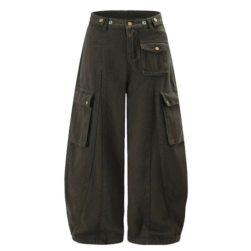 Damen Weite Cargo-Palazzo-Hose mit hohem Bund, Ballon-Saum und mehreren Klappentaschen Nord Taschen