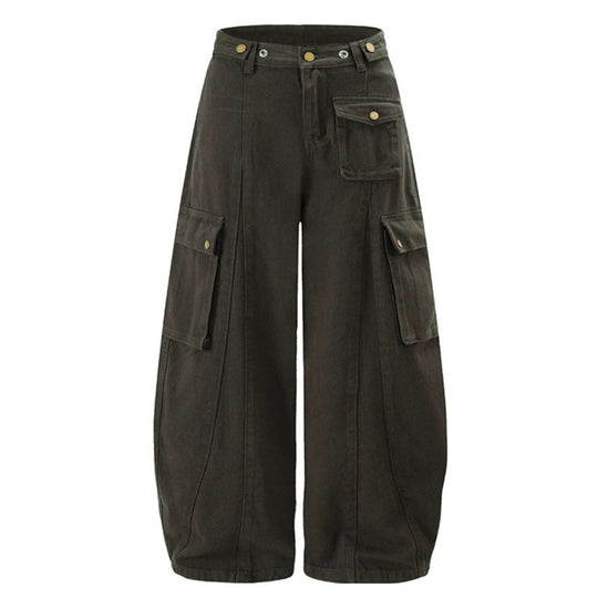 Damen Weite Cargo-Palazzo-Hose mit hohem Bund, Ballon-Saum und mehreren Klappentaschen Nord Taschen