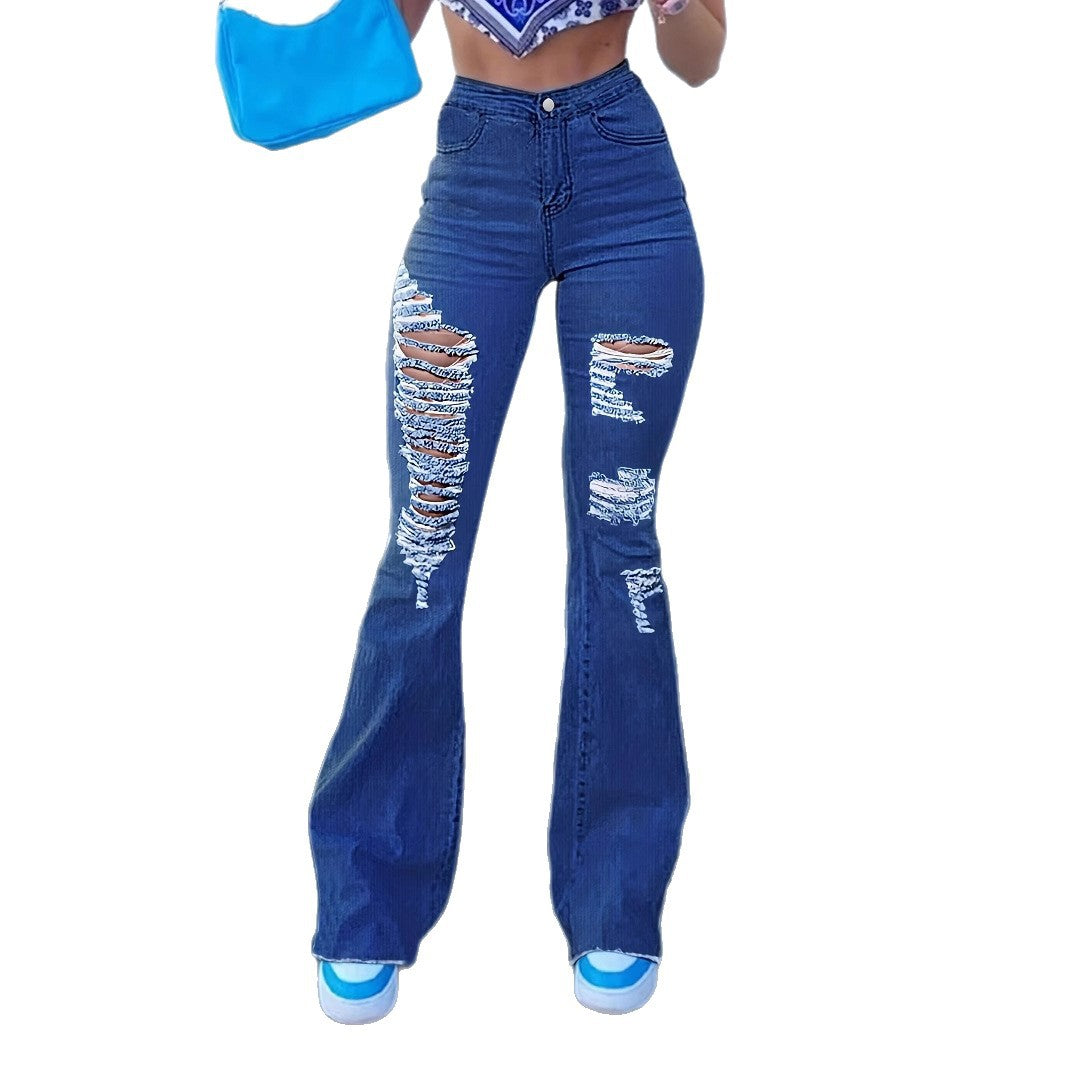 Damen High-Waist Flared-Jeans mit großflächigen Distressed-Rissen und sculptendem Komfortbund Nord Taschen
