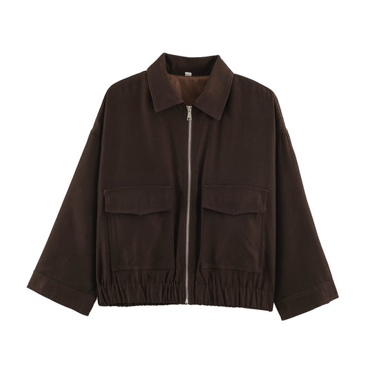 Damen Boxy Cropped Utility-Jacke mit Reißverschluss Pattentaschen und elastischem Saum Nord Taschen