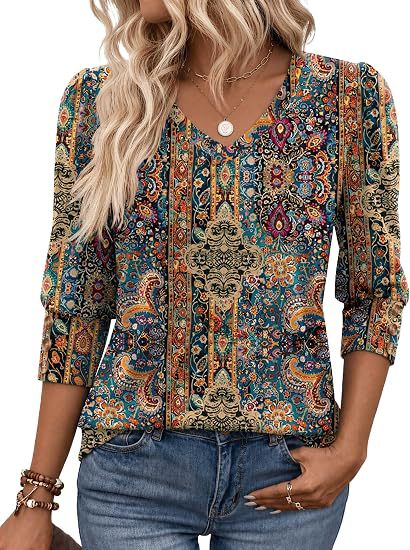 Damen Leopardenmuster V‑Neck Bluse mit 3/4-Ärmeln und geraffter Vorderpartie Nord Taschen