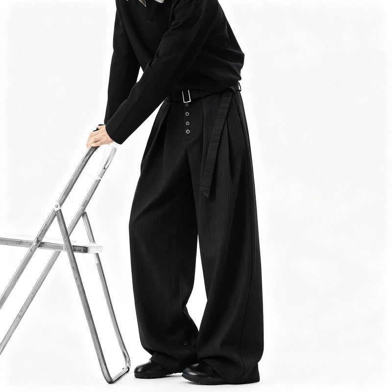 Herren Weite Nadelstreifen-Hose im Baggy‑Cut mit hoher Taille, Falten und Zierknopfleiste Nord Taschen