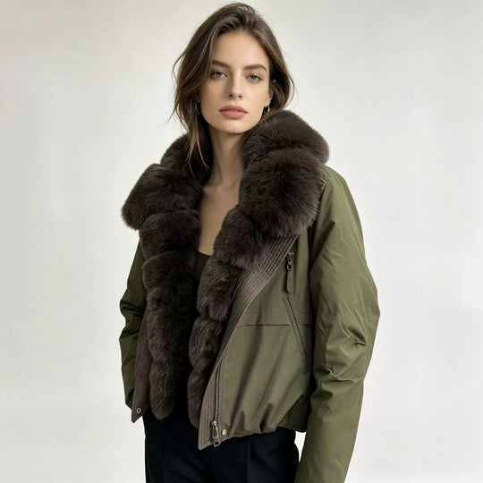 Damen nan taillierte Parka-Bomberjacke mit voluminösem Webpelzkragen und windabweisender Außenhülle Nord Taschen