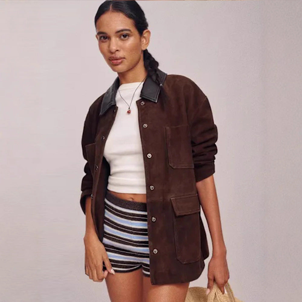 Damen Oversize-Utility-Jacke aus Veloursleder‑Optik mit Kontrastkragen & aufgesetzten Pattentaschen Nord Taschen