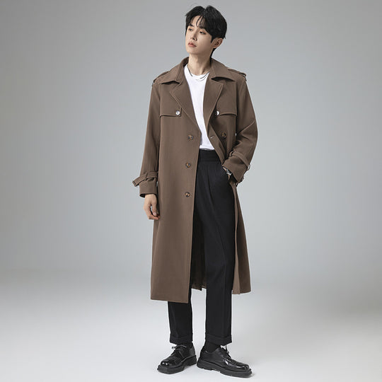 Herren Moderner Maxilanger Doppelreihiger Trenchcoat mit klassischem Revers und verstellbaren Manschetten Nord Taschen