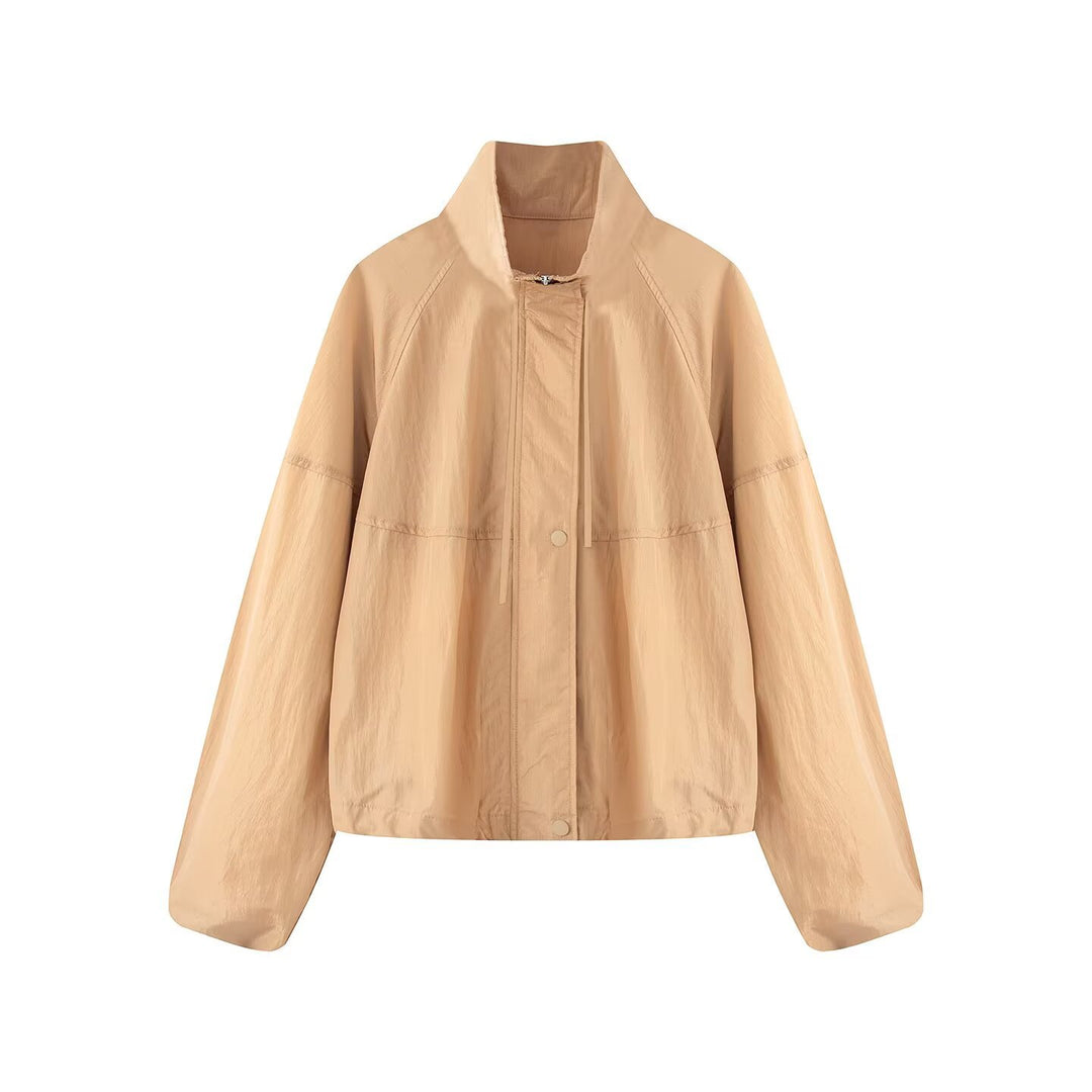 Damen Leichte Oversize-Blousonjacke aus Nylon mit Stehkragen, Kordelzug und Druckknopfverschluss Nord Taschen