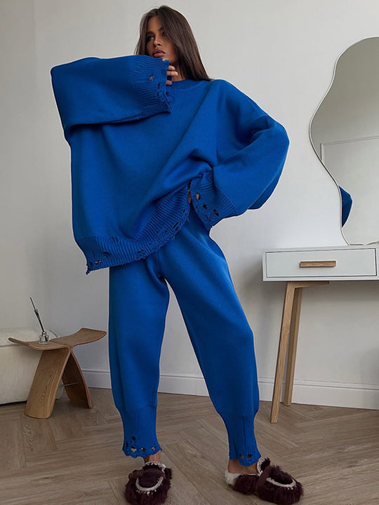 Damen Oversize-Strickset aus Feinstrick mit Destroyed-Saum, weitem Pullover und legerer Schlupfhose Nord Taschen