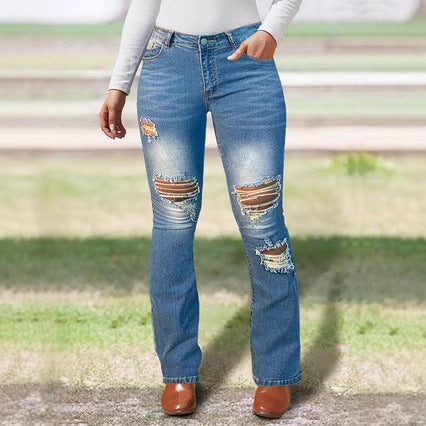 Damen Bootcut-Jeans mit Knie-Rissen aus Stretch-Denim und mittelhoher Taille Nord Taschen